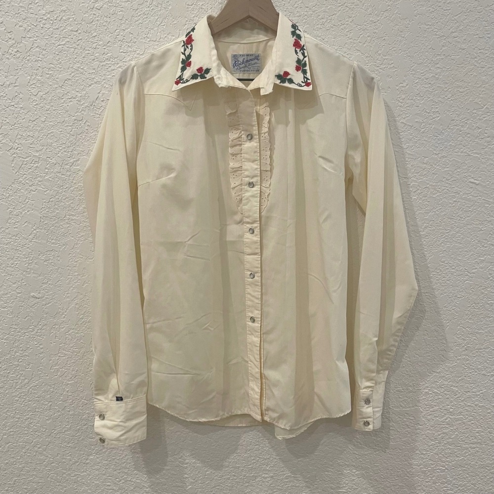 Vintage Rockmount Ranch Wear Cream Embroidered Rose Western Shirt Ruffle Pearl - Picture 2 of 12